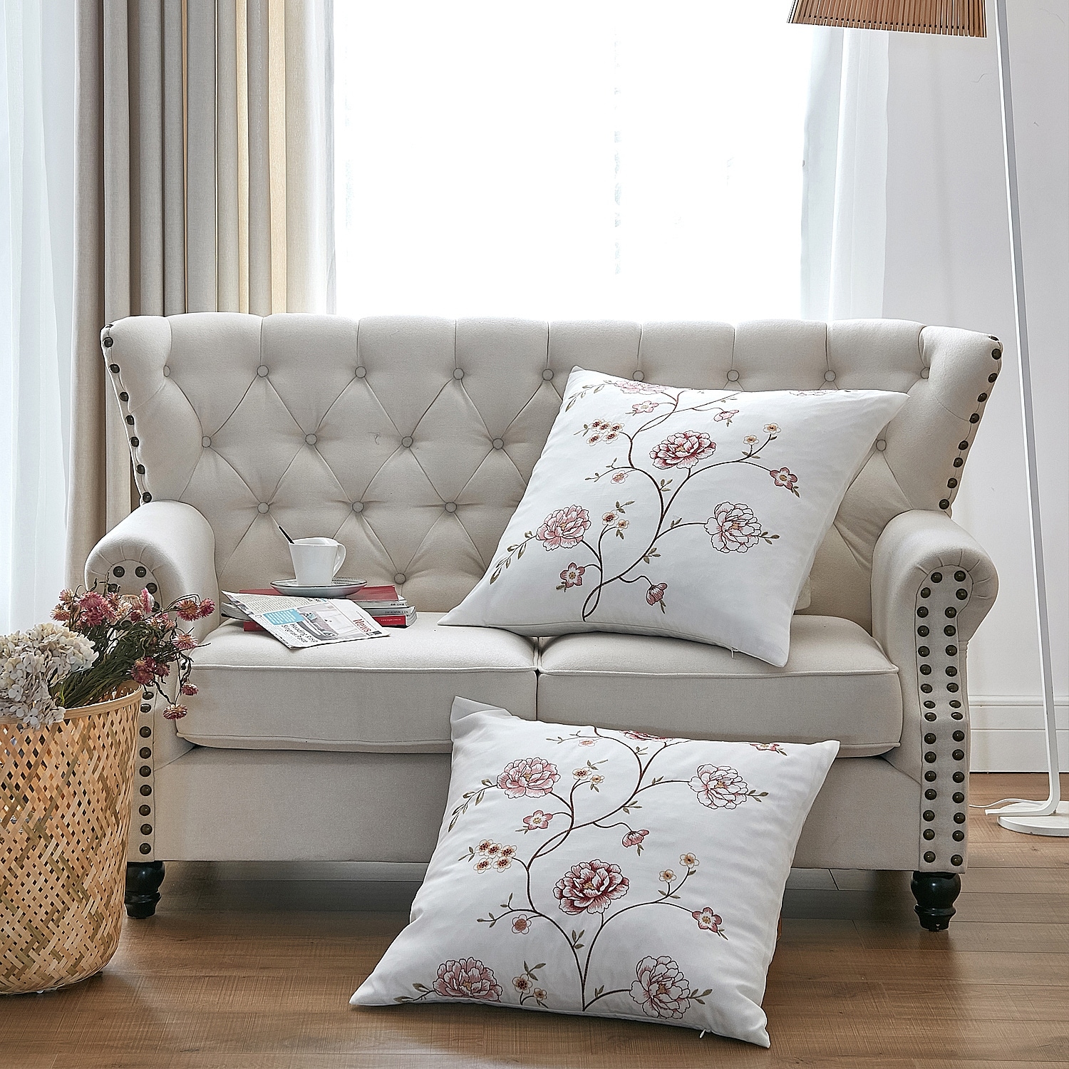 Canvas Pillow Shells with Spring Flower Accents (Set of 2), NO INSERT