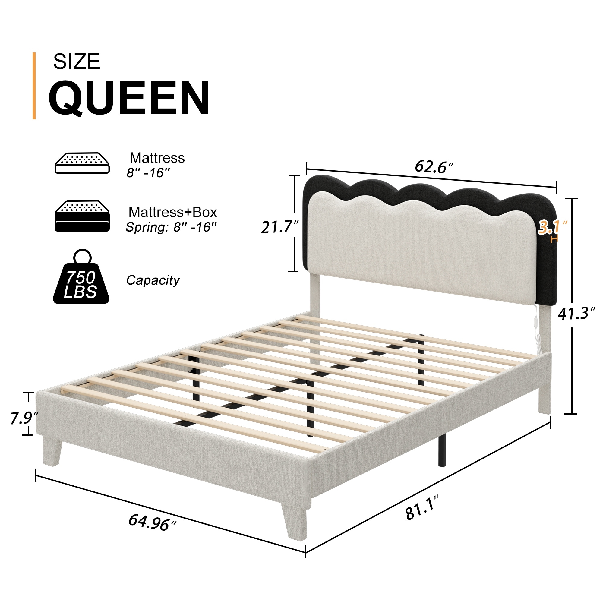 Upholstered Platform Bed Frame Queen Size with Headboard