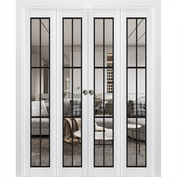 Double Bi-fold Doors Lucia 2366 White Silk Clear Glass Sturdy Tracks - White - 72" x 96" (4* 18x96)