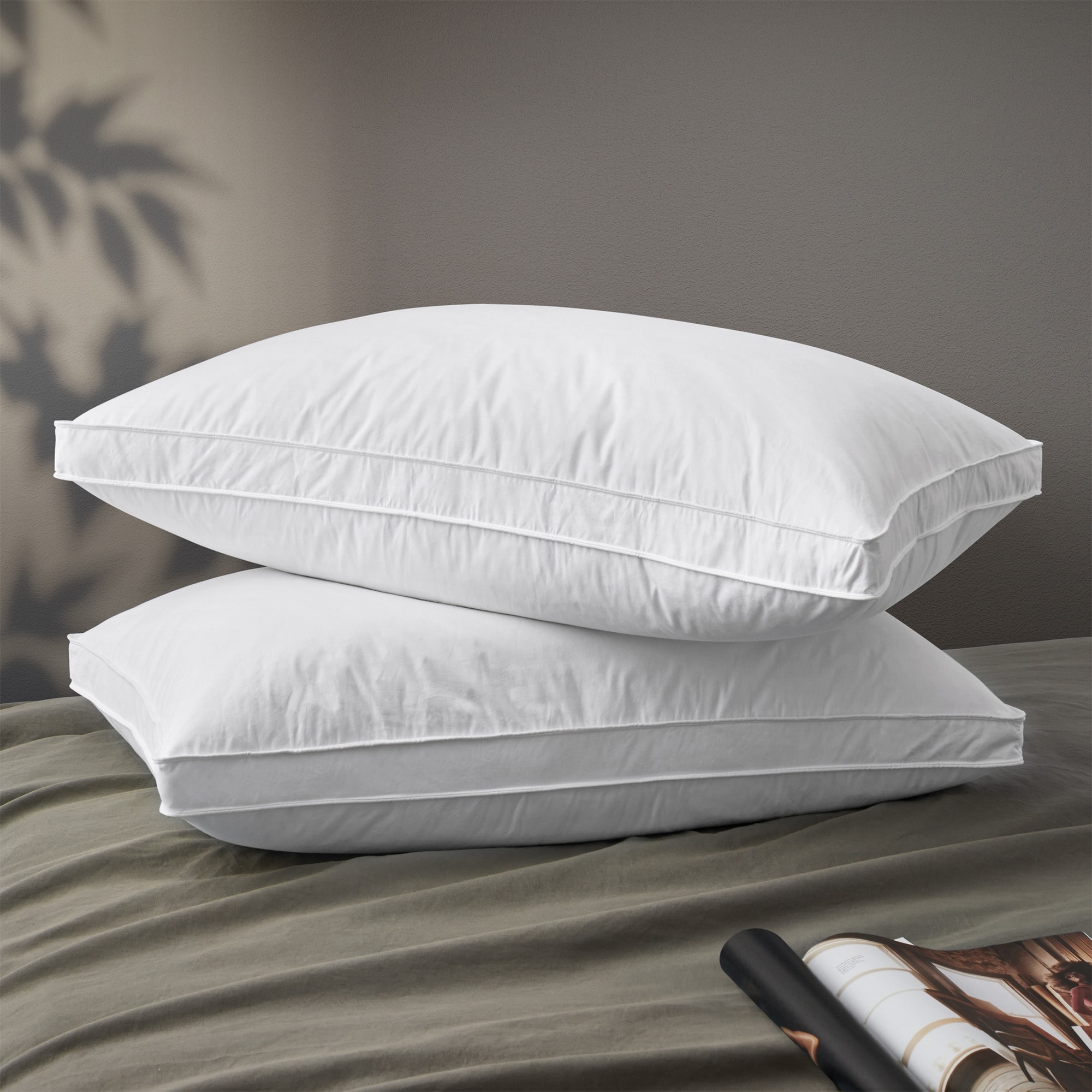 Set of 2 Goose Feather Down Bed Pillows Medium-Firm for Back and Side Sleepers