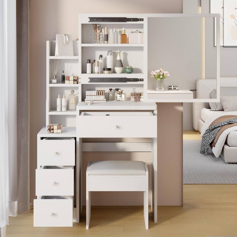 29.2" Small Space Left Bedside Cabinet Vanity Table + Cushioned Stool