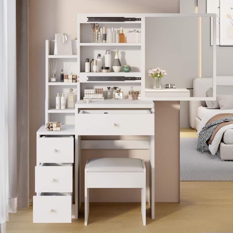Vanity Desk with Control Sliding LED Mirror, Makeup Vanity with Cushioned Stool, Vanity Set with Hair Dryer Bracket