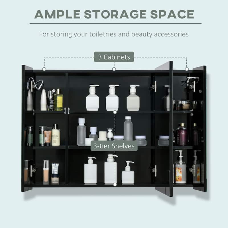 High Gloss Black MDF LED Bathroom Mirror Cabinet with Adjustable Shelves - 35.5" W x 6" D x 25.5" H