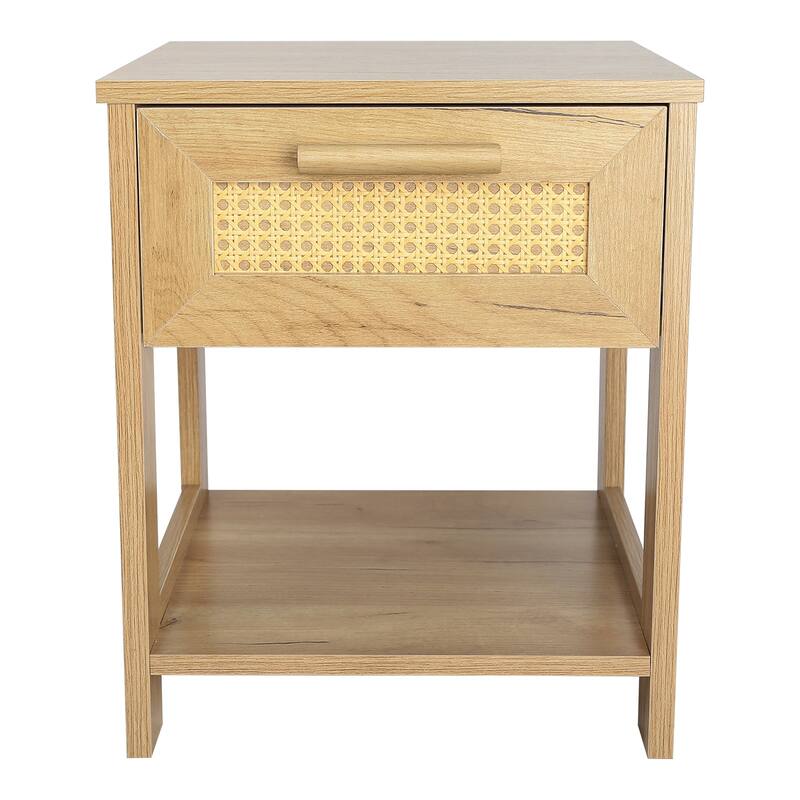 Rattan Design Nightstand with 1 Drawer and 1 open storage shelf,Set of 2