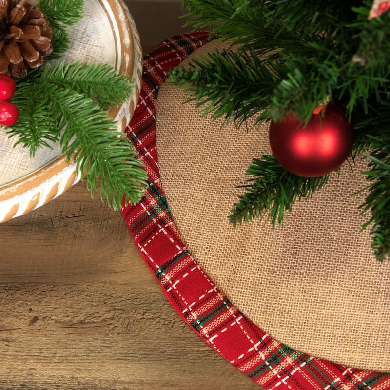 20" Rustic Burlap Mini Christmas Tree Skirt with Red Plaid Border - 20