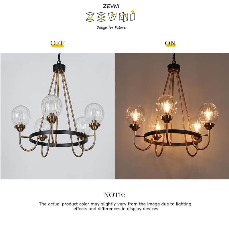 Modern Farmhouse 5-Light Black Gold Chandelier Wheel Shape Pendant Lights for Dining Room - 22" D x 21.5" H