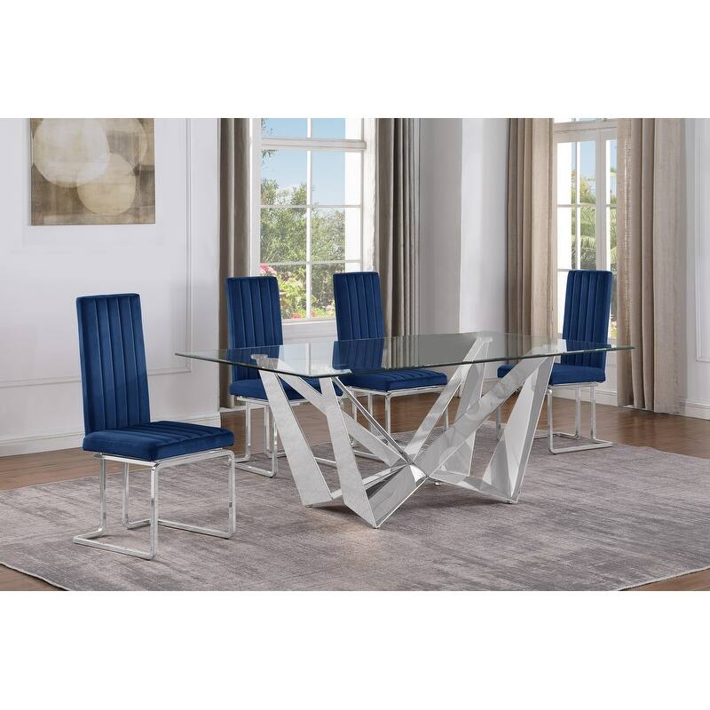 Best Quality Furniture D400/1-SC340-7 Dining Set with 78" 12mm Glass with Bevel - 5-Piece - Navy Blue / Silver