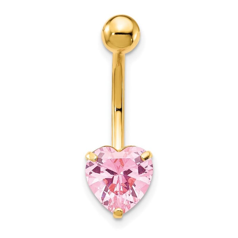 Curata Solid 10k Yellow Gold With 8mm Pink Cubic Zirconia Heart Belly Ring Dangle (8mm x 24mm)