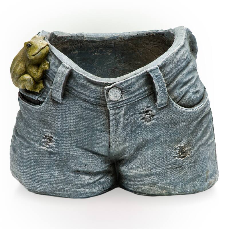 Alpine Corporation 10" Tall Indoor/Outdoor Denim Shorts with Frog Shaped Planter and Yard Decoration - 14"L x 11"W x 10"H
