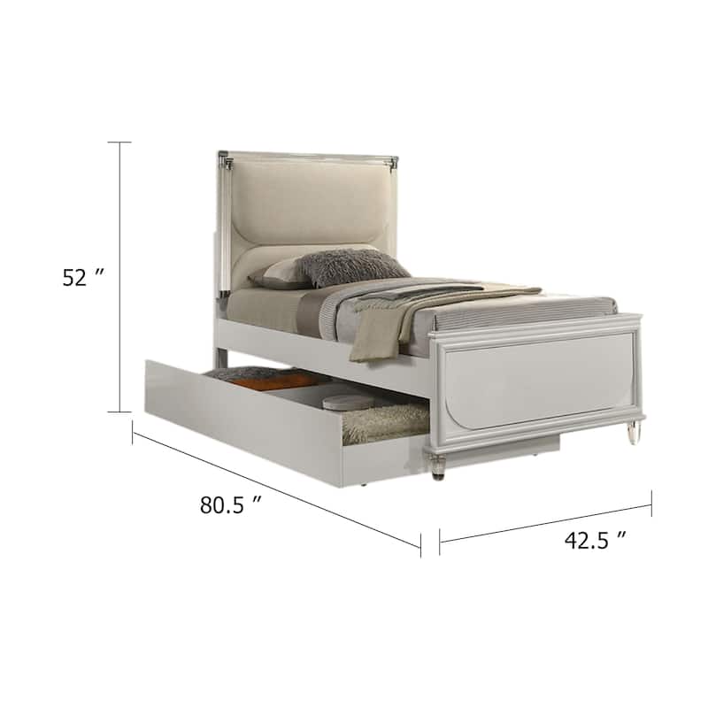 Dima Twin Bed, Upholstered Headboard w LED, Pearl White, Clear Legs