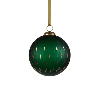 5" Green Frosted & Etched in Gold Glass Ornament 3", Set of 6