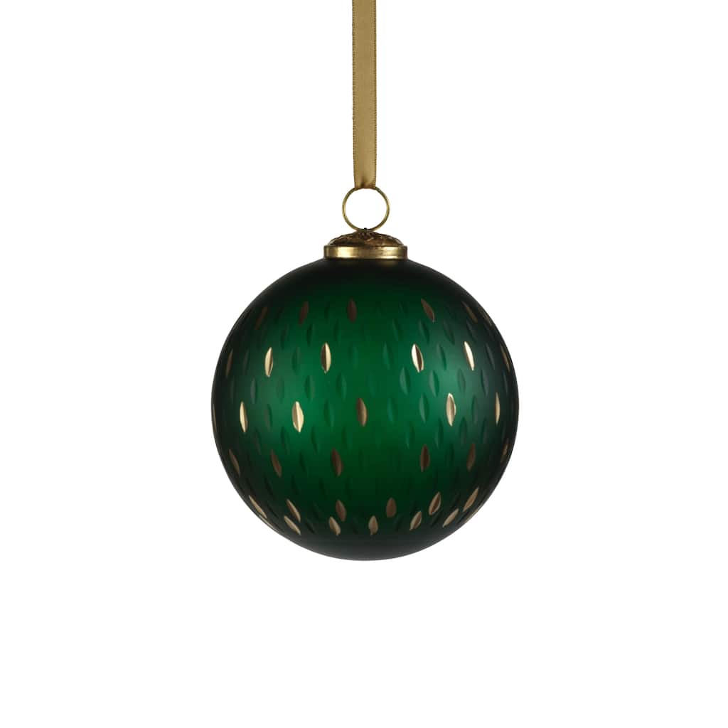 5" Green Frosted & Etched in Gold Glass Ornament 3", Set of 6