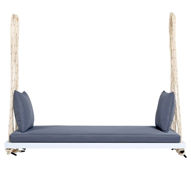 Acacia Wood Swing Chair, Hanging Porch Bench with Cushion & Pillows, 400lb Capacity & 10.8ft Ropes - White Swing Chiar+Gray Cushion