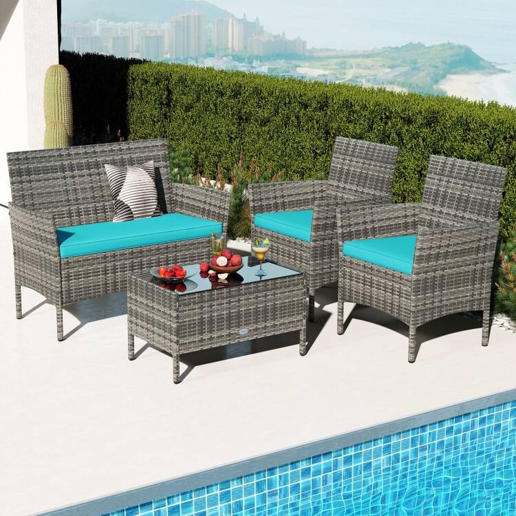 4 Piece Outdoor Rattan Patio Set with Cushions and Glass Table - 39.5" x 22.5" x 32"