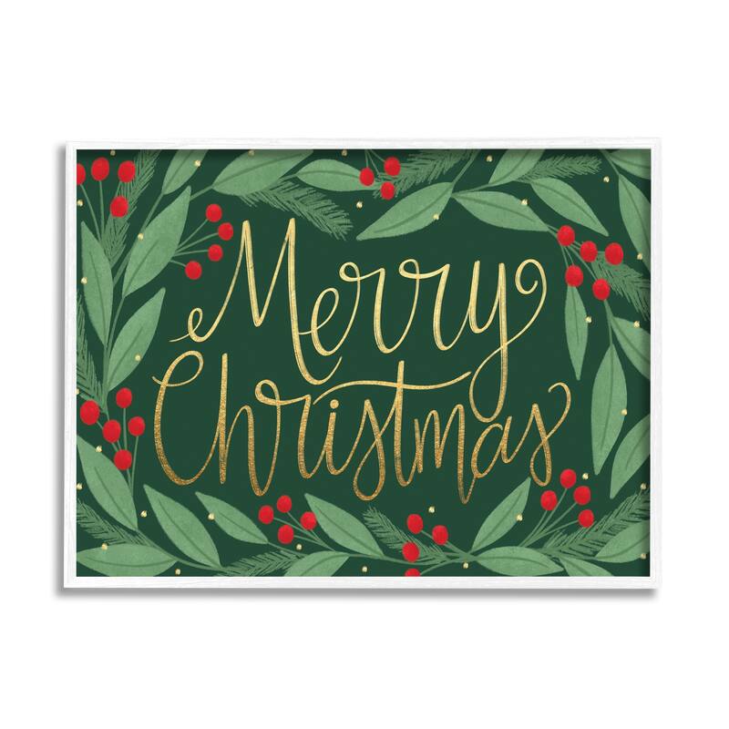 Stupell Merry Christmas Festive Sentiment Chic Holiday Holly Framed Wall Art - Green - 24 x 30 - White