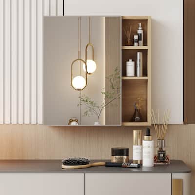 Natural Wood Grain Multi-Function Mirror Cabinet - Clear Mirror And Storage Space,A Separate Wall Mounted Bathroom Mirror