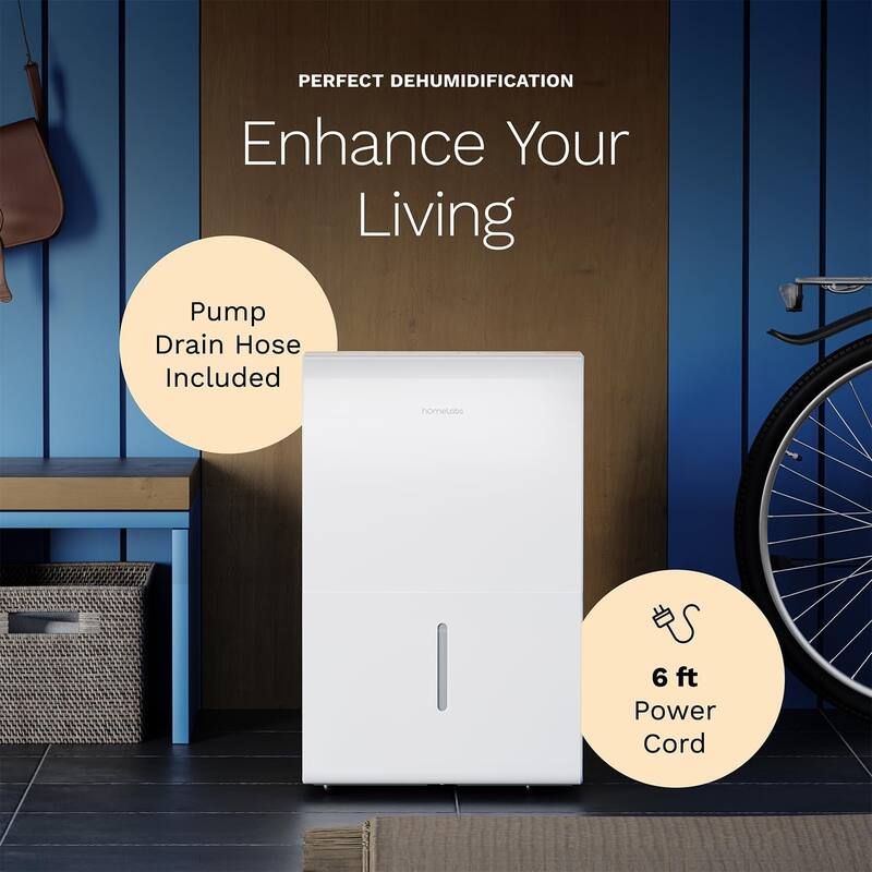 hOmeLabs 50 Pint Wi-Fi Dehumidifier with Pump, Up to 7,000 Sq Ft (MAX 120 Pint at 95°F, 90% RH) - For Rooms, Offices, Basements