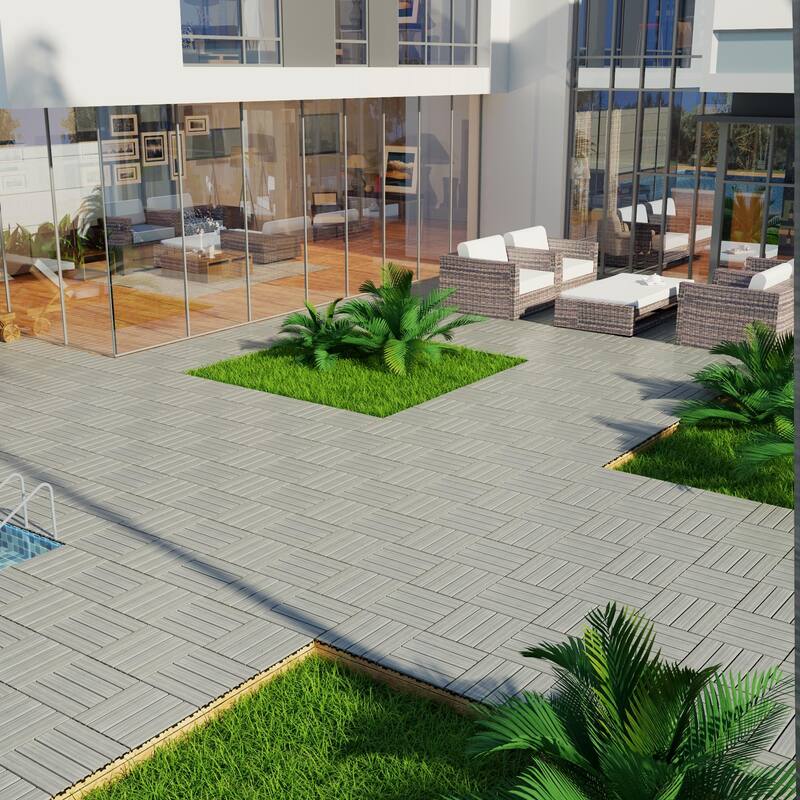 Patio Floor Tiles Pack of 22 WPC Wood-Plastic Composite Patio Deck Tiles DIY Interlocking Decking Tiles-11.8" ASH
