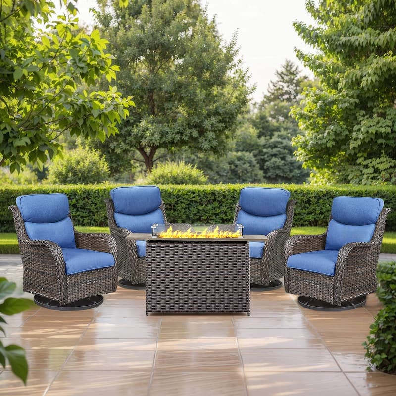 Pocassy Outdoor Swivel Chairs Patio Furniture Set - Brown Rattan - Blue Cushion - 5PCS Swivel Chair w/ Rectangular Fire Table