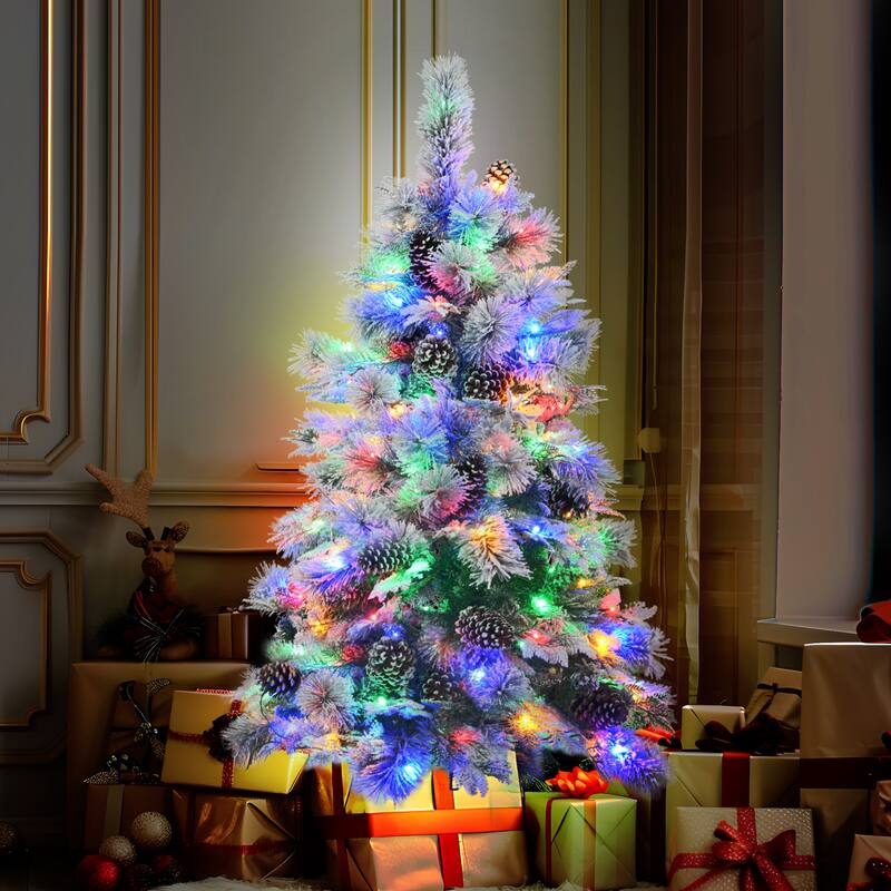 7.5 ft Snow Flocked Pre-Lit Christmas Tree with 450 LED Lights, Pine Cones, and Metal Stand