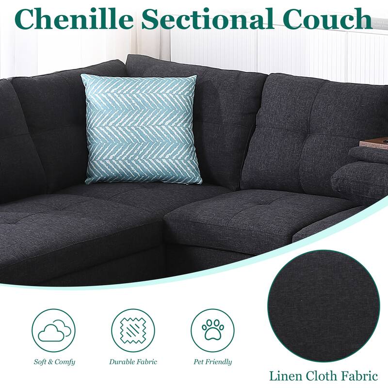 HOMEFUN Linen/Leather Upholstered L-Shaped 4-seater Multifunctional Sectional Sofa with Storage Ottoman,Cup Holder