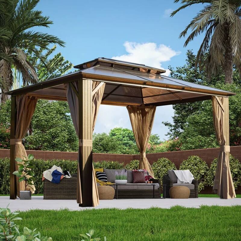 Hardtop Gazebo for Patio,Permanent Outdoor Pergola with Double Roof & Aluminum Frame & Netting & Curtains,Ideal for lawn,yard - 10'×13' - Brown