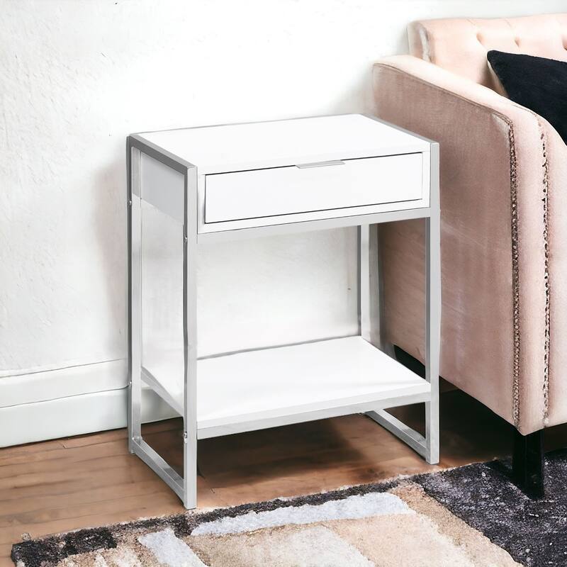 Modern 24" Bedside Table with Drawer and Shelf Rectangular Wood Top and Metal Frame Accent Table - 19.5”L x 12.75”W x 23.75”H