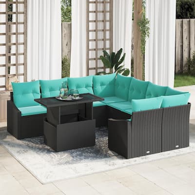 vidaXL 9 Piece Garden Sofa Set with Cushions Black Poly Rattan - 91.9×92.1×27.2