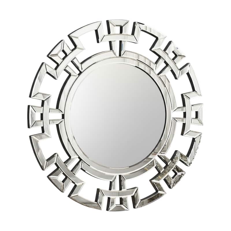 HomeRoots 32" Silver Glass Round Art Deco Geo Framed Accent Mirror - 31.50 in. x 31.50 in. x 0.79 in.
