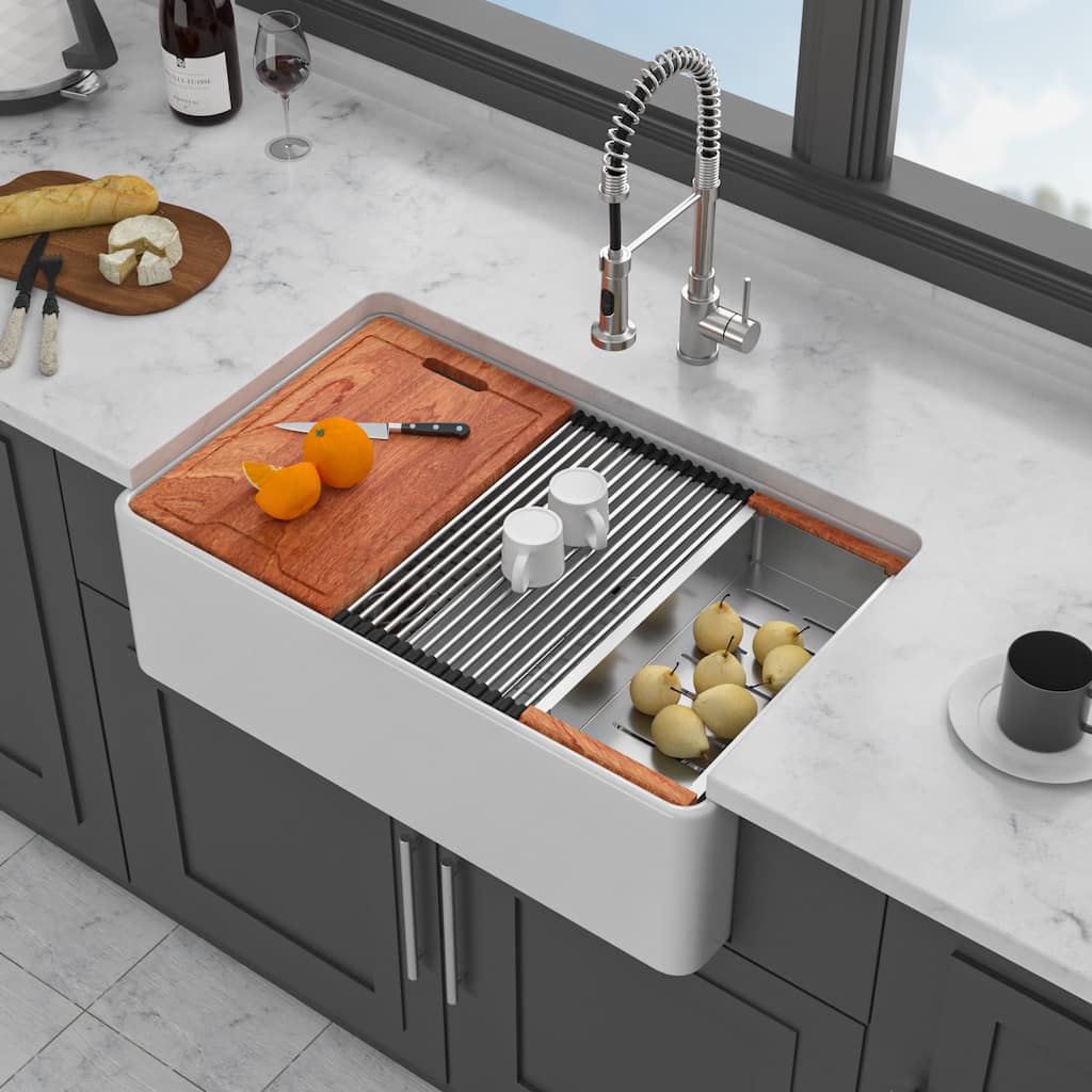 33" White Farmhouse Sink Workstation - 33 x 20 x 10 inch White Ceramic Porcelain Double Bowl Farm Kitchen Sink