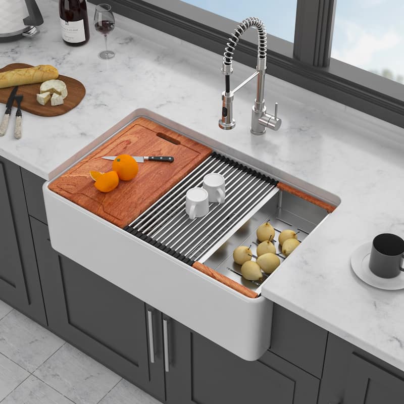 33" White Farmhouse Sink Workstation - 33 x 20 x 10 inch White Ceramic Porcelain Double Bowl Farm Kitchen Sink - White