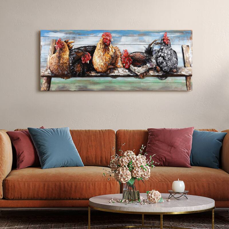 "Chickens" Handed Painted Iron Wall Sculpture on Slatted Solid Wood Wall Art