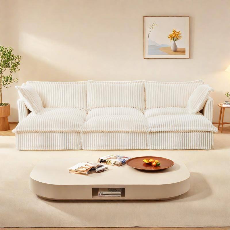 120" Corduroy 3-Seater Sofa Set with 3 Ottomans, Sleeper Function & Removable Slipcovers - Cream