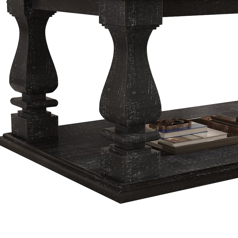 47" Black Farmhouse Coffee Table with Heavy Planked Top and Storage Shelf