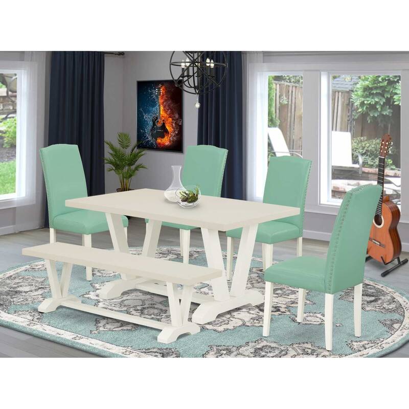 HomeStock 6-Piece Rectangle Wire Brushed Linen White Finish Solid Wood Top Dining Table with 1-Bench, 4-Chairs