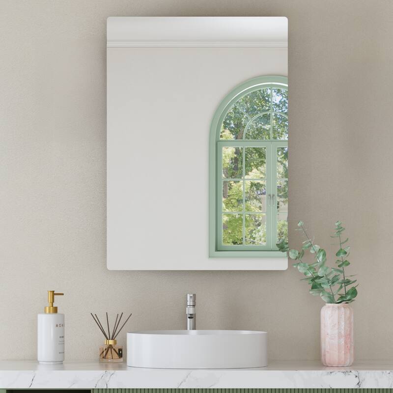 Mira Rectangular Frameless Medicine Cabinet with Mirror, Sliding Adjustable Glass Shelves, Reversible Door