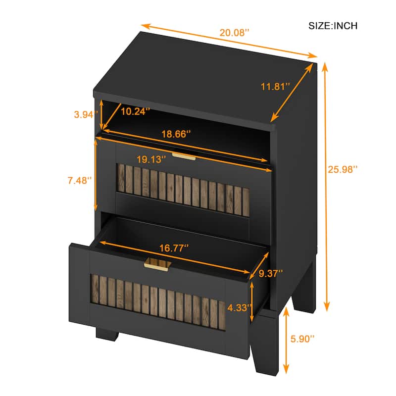 2-Drawer Farmhouse Wooden Nightstand with Wooden Strip Stickers Decoration & Metal Handle, Wood Side Table with Storage Cabinet