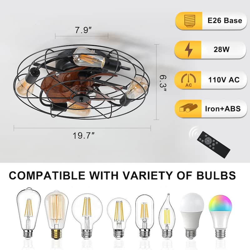 Ceiling Fan With Light, 20" farmhouse Low Profile Ceiling fan Lights With Remote Control, Enclosed 4x E26 Bulb Ceiling Fans