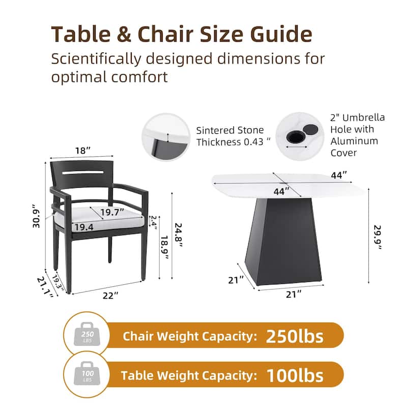 5-Piece Outdoor Aluminum Square Dining Set with Sintered Stone Top, 4 Chairs, Sunbrella Fabric