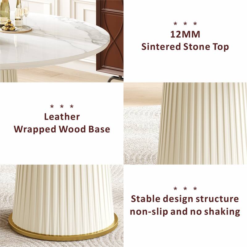 Modern 43.3 Inch Round Dining Table, Glossy Sintered Stone Top with Pleated PU Leather Iron Pedestal, Adjustable Feet - White