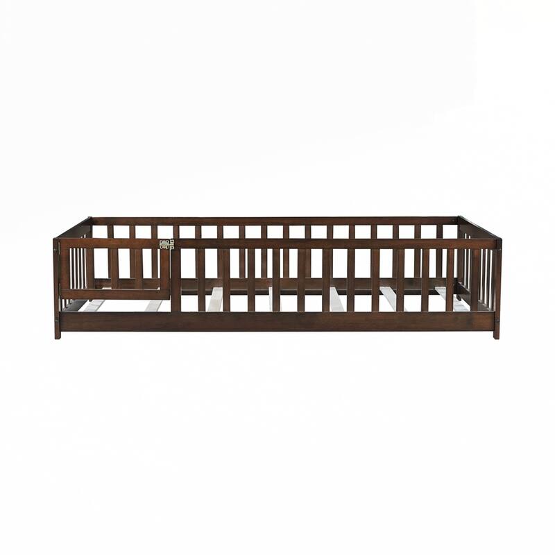 Rubber Wood Floor Bed with Safety Guardrails