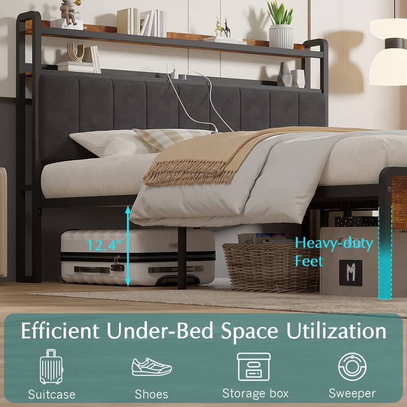 Javlergo Bed Frame with Bench, Bedframes with Charging Staions, Headboard and Storage Bench, LED Lights and Storage Shelves