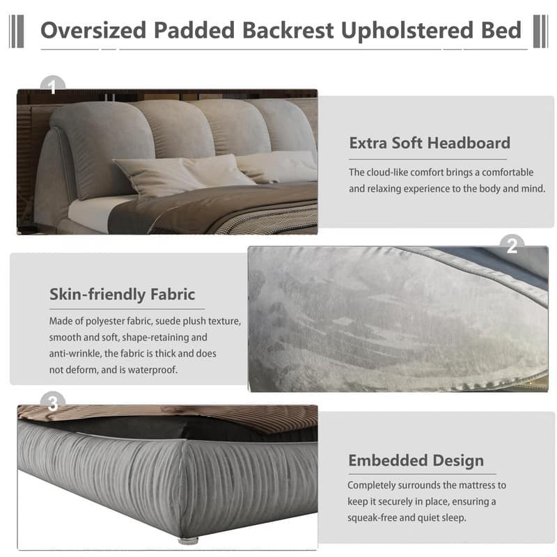 Queen or King Size Upholstered Platform Bed with Oversized Padded Backrest, Luxury Grounded Bed Frame