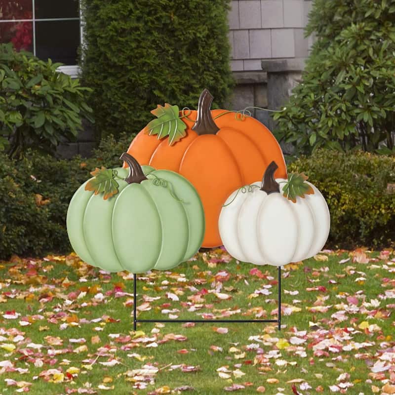 Glitzhome Fall Harvest Metal Yard Stake Hanging Decor for Thanksgiving (2-3 Functions) - 1-Piece 23.75"H Pumpkin