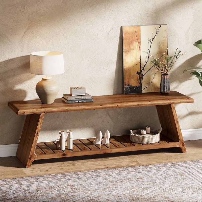 63 Inch Long Solid Wood Entryway Bench End of Bed with Storage - 15.75" D x 62.99" W x 17.91" H - Rustic Brown