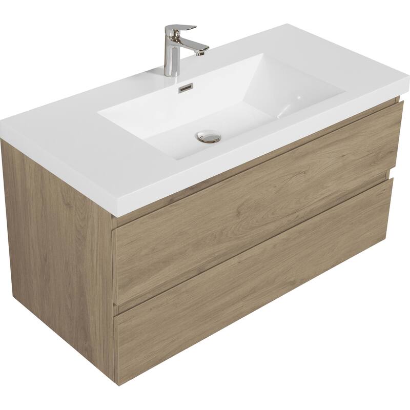 42" Floating Bathroom Vanity with Sink - Ash Grey Wall-Mounted Cabinet, Resin Countertop, Soft-Close Drawers