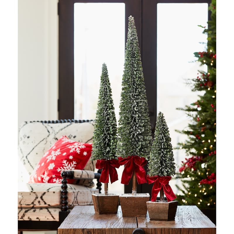 Set of 3 Potted Christmas Tree with Bow Tabletop Decorations 3.25'