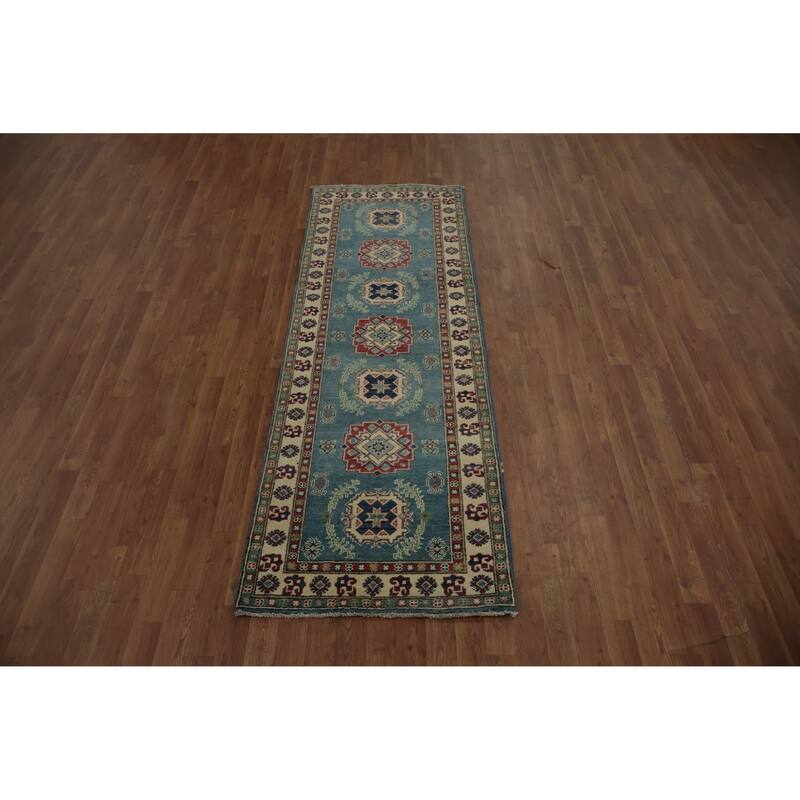 Hand Knotted Oriental 100% Wool Carpet Traditional Geometric Navy Blue & Blues Kazak Runner Rug - 7' 11'' X 2' 8''