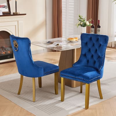 High-end Tufted Solid Wood Contemporary Velvet Upholstered Dining Chair with Golden Wooden Legs Nailhead Trim 2-Pcs Set