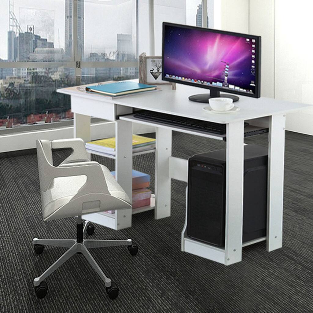 Computer Desk Keyboard Tray Storage Shelves CPU Storage Drawer Small Spaces Dormitory Bedroom White
